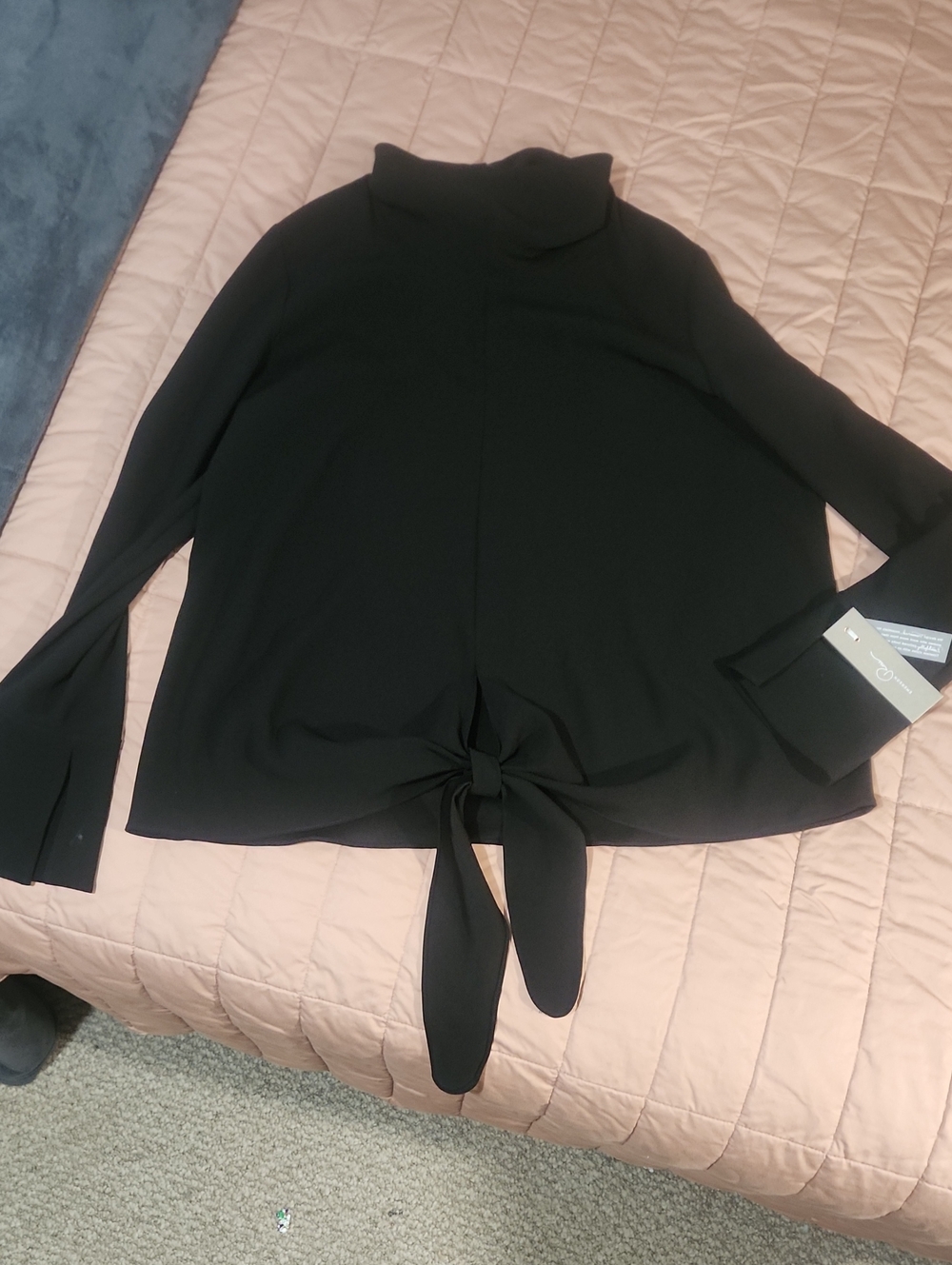 Black Tie-Front Long-Sleeve Tunic Top